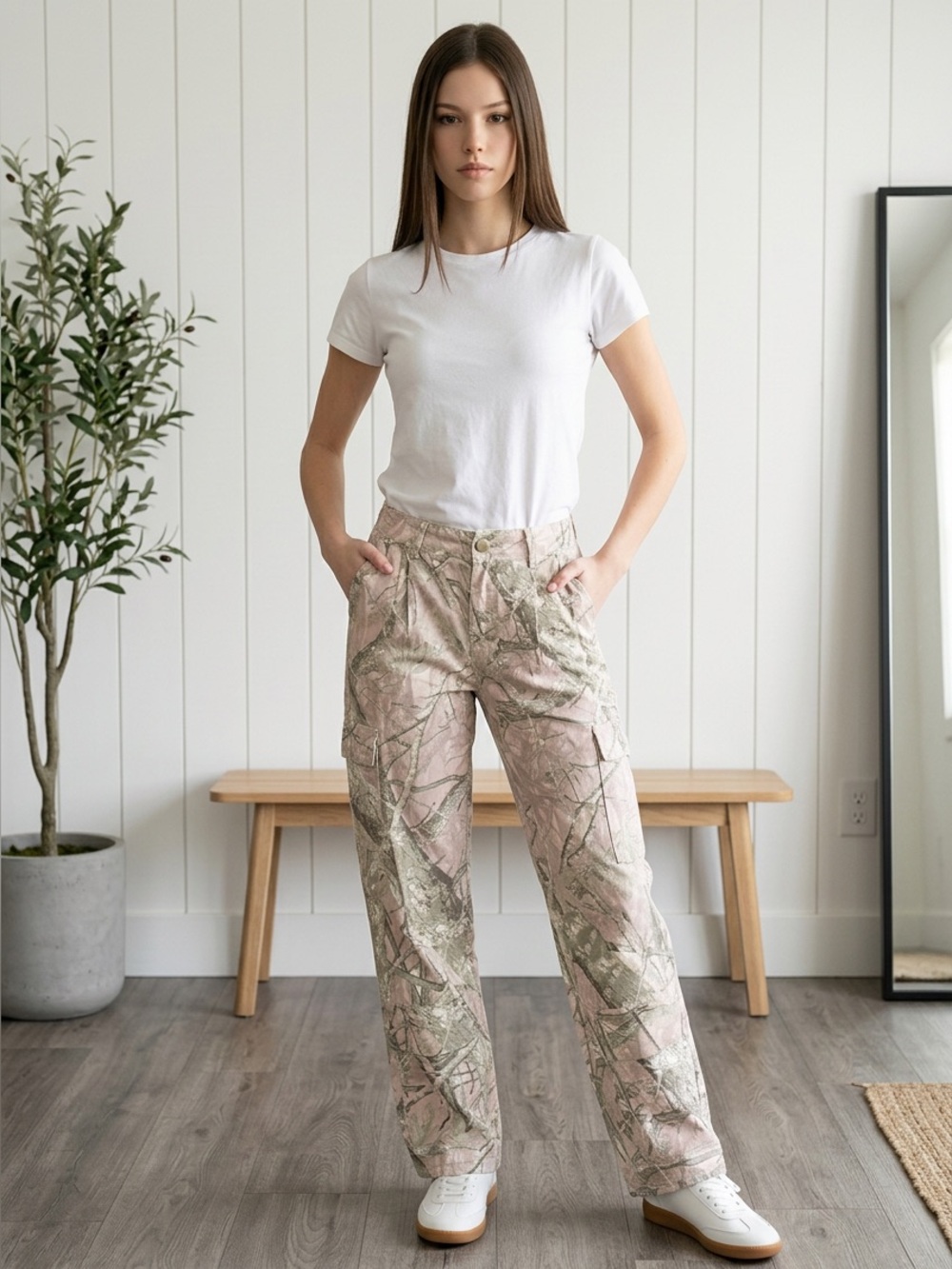 Straight Leg Women’s Jeans in Light Pink Camo